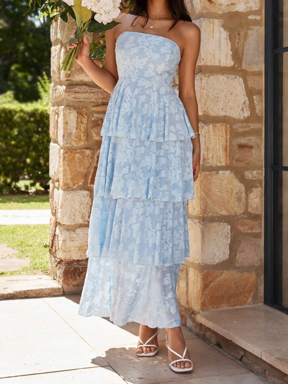 Baby Blue Elegant Women's Floral Strapless Maxi Dress with Tiered Ruffle - Picture 3 of 8